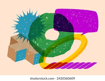 Risograph Doughnut, Sweet Food with speech bubble with geometric shapes. Dessert in trendy riso graph print texture style design with geometry elements.
