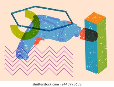 Risograph Drill, Power Tool with geometric shapes. Objects in trendy riso graph print texture style design with geometry elements.