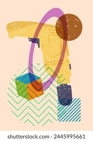 Risograph Drill, Power Tool with geometric shapes. Objects in trendy riso graph print texture style design with geometry elements.