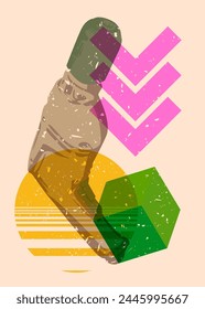 Risograph Drill, Power Tool with geometric shapes. Objects in trendy riso graph print texture style design with geometry elements.