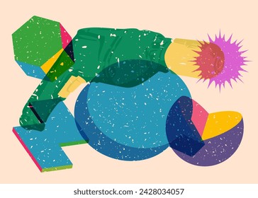 Risograph Drill, Power Tool with speech bubble with geometric shapes. Objects in trendy riso graph print texture style design with geometry elements.