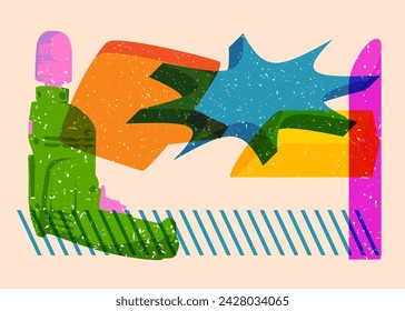 Risograph Drill, Power Tool with speech bubble with geometric shapes. Objects in trendy riso graph print texture style design with geometry elements.