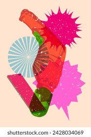 Risograph Drill, Power Tool con burbuja de habla con formas geométricas. Objetos en diseño de estilo de textura de impresión de gráfico de riso de moda con elementos de geometría.