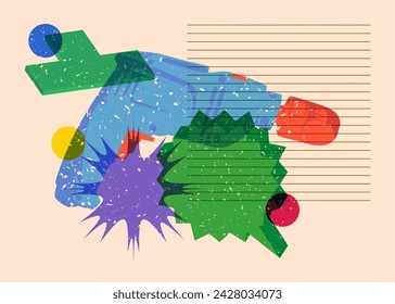 Risograph Drill, Power Tool with speech bubble with geometric shapes. Objects in trendy riso graph print texture style design with geometry elements.