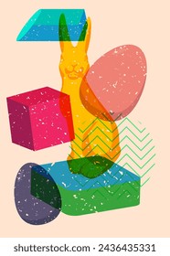 Risograph Easter Egg and Bunny with geometric shapes. Objects in trendy riso graph print texture style design with geometry elements.