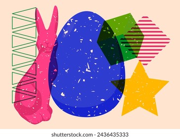 Risograph Easter Egg and Bunny with geometric shapes. Objects in trendy riso graph print texture style design with geometry elements.