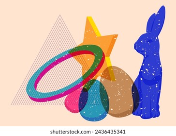 Risograph Easter Egg and Bunny with geometric shapes. Objects in trendy riso graph print texture style design with geometry elements.