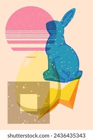 Risograph Easter Egg and Bunny with geometric shapes. Objects in trendy riso graph print texture style design with geometry elements.