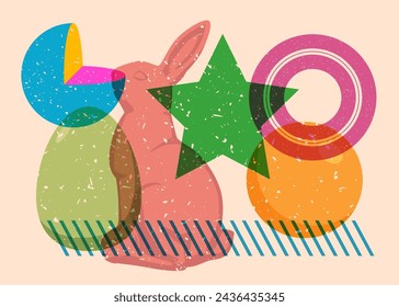 Risograph Easter Egg and Bunny with geometric shapes. Objects in trendy riso graph print texture style design with geometry elements.