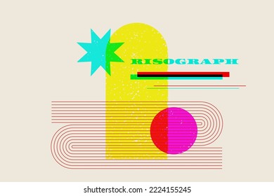 Risograph effect geometric Abstract shapes. Vector Christmas Boho elements with riso print texture.
Mid century modern duotone minimalist art print. Organic natural shape.
