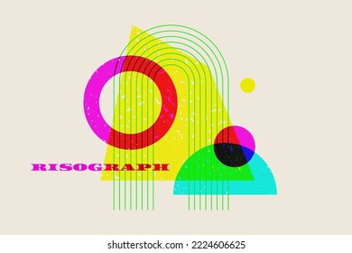 Risograph effect geometric Abstract shapes. Vector Christmas Boho elements with riso print texture.
Mid century modern duotone minimalist art print. Organic natural shape.