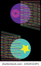 Risograph effect geometric abstract shapes. Boho star, flower, line elements with riso pattern on black background.