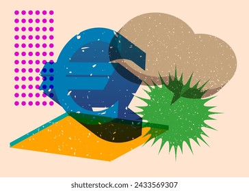 Risograph Euro Currency symbol with speech bubble with geometric shapes. Objects in trendy riso graph print texture style design with geometry elements.