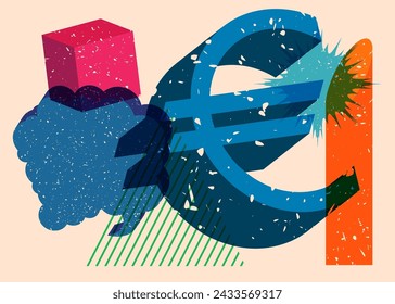 Risograph Euro Currency symbol with speech bubble with geometric shapes. Objects in trendy riso graph print texture style design with geometry elements.