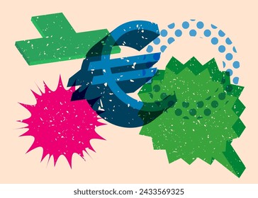 Risograph Euro Currency symbol with speech bubble with geometric shapes. Objects in trendy riso graph print texture style design with geometry elements.