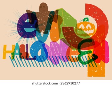 Risograph Evil Halloween word with geometric shapes. Holiday in trendy riso graph design.