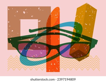 Risograph Eyeglasses and geometric shapes. Eyewear object in trendy riso graph design with geometry elements.