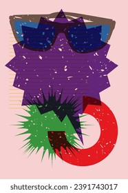 Risograph Eyeglasses and speech bubble with geometric shapes. Eyewear object in trendy riso graph design with geometry elements.
