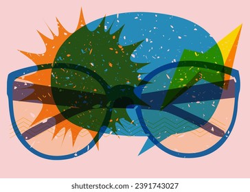Risograph Eyeglasses and speech bubble with geometric shapes. Eyewear object in trendy riso graph design with geometry elements.