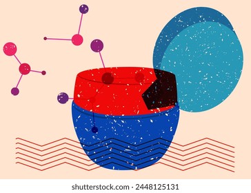 Risograph Face cream container with speech bubble with geometric shapes. Objects in trendy riso graph print texture style design with geometry elements.