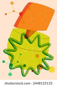 Risograph Face cream container with speech bubble with geometric shapes. Objects in trendy riso graph print texture style design with geometry elements.