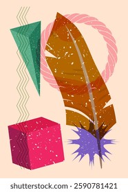 Risograph Feather with geometric shapes. Objects in trendy riso graph print texture style design with geometry elements.