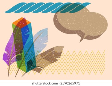 Risograph Feather with speech bubble with geometric shapes. Objects in trendy riso graph print texture style design with geometry elements.