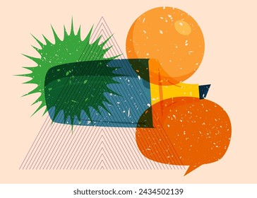 Risograph Felt Tip Pen with speech bubble with geometric shapes. Objects in trendy riso graph print texture style design with geometry elements.