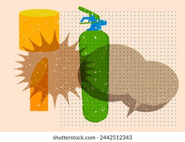 Risograph Fire Extinguisher with speech bubble with geometric shapes. Objects in trendy riso graph print texture style design with geometry elements.
