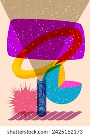 Risograph Flashlight with speech bubble with geometric shapes. Objects in trendy riso graph print texture style design with geometry elements.