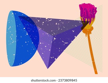 Risograph flower with geometric shapes. Botany object in trendy riso graph design with geometry elements.