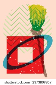 Risograph flower with geometric shapes. Botany object in trendy riso graph design with geometry elements.