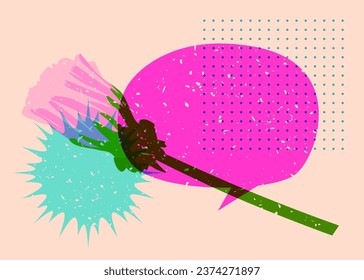 Flor de Risografo con burbuja de habla y formas geométricas. Objeto botánico en diseño moderno de gráfico de riso con elementos geométricos.