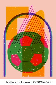 Risograph football ball with geometric shapes. Sport object in trendy riso graph design.