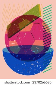 Risograph football ball with geometric shapes. Sport object in trendy riso graph design.