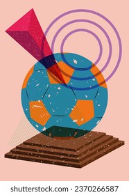 Risograph football ball with geometric shapes. Sport object in trendy riso graph design.