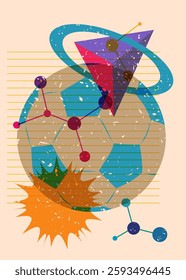 Risograph Football Ball with geometric shapes. Objects in trendy riso graph print texture style design with geometry elements.