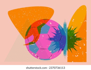 Risograph football ball with Speech Bubble and geometric shapes. Sport object in trendy riso graph design.