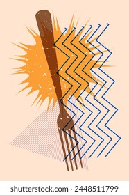 Risograph fork with geometric shapes. Objects in trendy riso graph print texture style design with geometry elements.