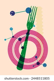 Risograph fork with geometric shapes. Objects in trendy riso graph print texture style design with geometry elements.