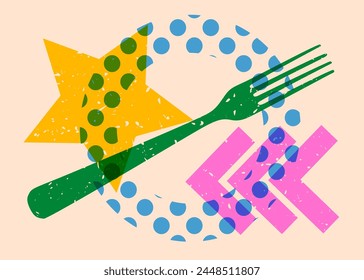 Risograph fork with geometric shapes. Objects in trendy riso graph print texture style design with geometry elements.