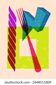 Risograph fork with geometric shapes. Objects in trendy riso graph print texture style design with geometry elements.