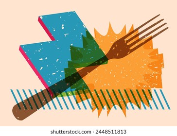 Risograph fork with geometric shapes. Objects in trendy riso graph print texture style design with geometry elements.