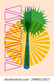 Risograph fork with geometric shapes. Objects in trendy riso graph print texture style design with geometry elements.