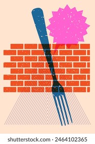 Risograph fork with speech bubble with geometric shapes. Objects in trendy riso graph print texture style design with geometry elements.