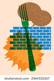 Risograph fork with speech bubble with geometric shapes. Objects in trendy riso graph print texture style design with geometry elements.