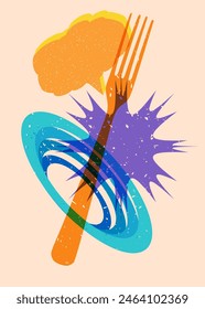 Risograph fork with speech bubble with geometric shapes. Objects in trendy riso graph print texture style design with geometry elements.