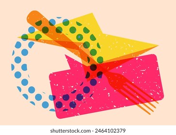 Risograph fork with speech bubble with geometric shapes. Objects in trendy riso graph print texture style design with geometry elements.