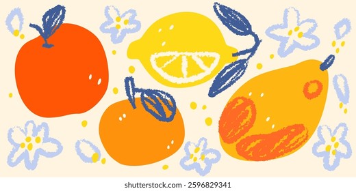 Risograph fruit and flowers on white background. Vector illustration of hand drawn pastel apple, orange, lemon, mango with leaves and blossom, seamless retro floral pattern, vintage botanical design