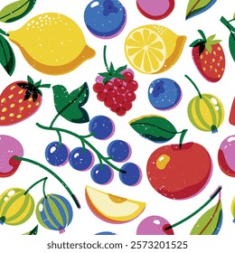 Risograph fruit pattern. Seamless print of tropical exotic fruits, retro riso print of apple berry cherry lemon. Vector texture.